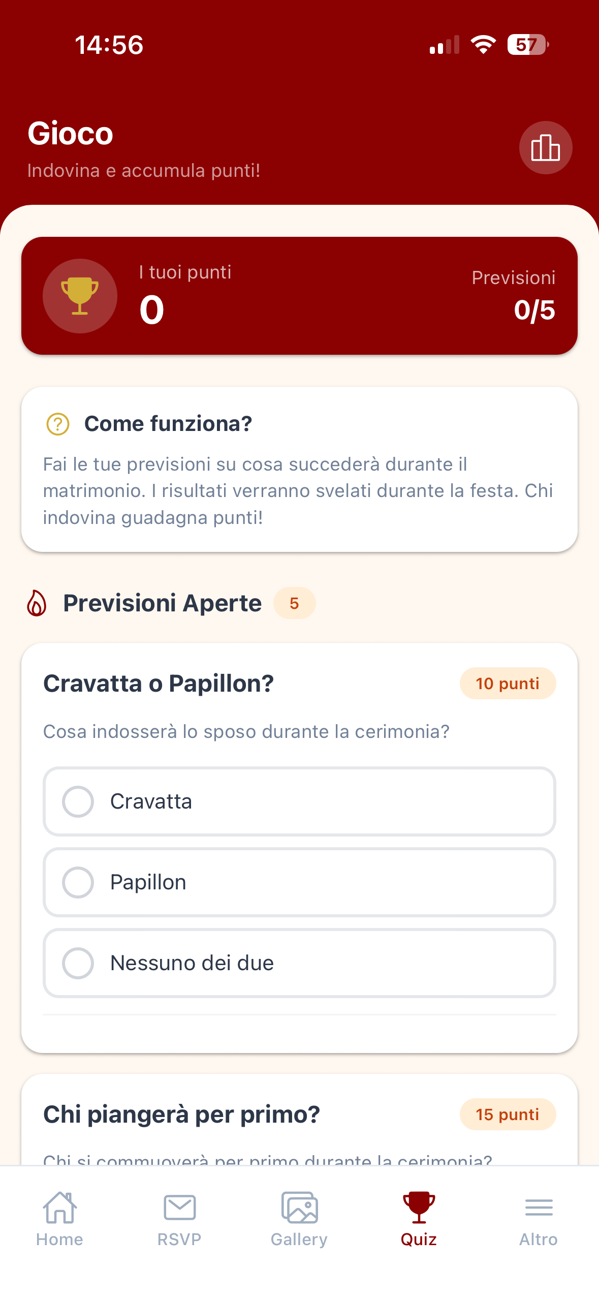 ReD Sposi betting game screen